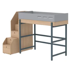 Lit Mezzanine Escalier Popsicle - Chêne/Blueberry