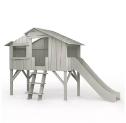 Lit Cabane Avec Toboggan - Gris Ciment